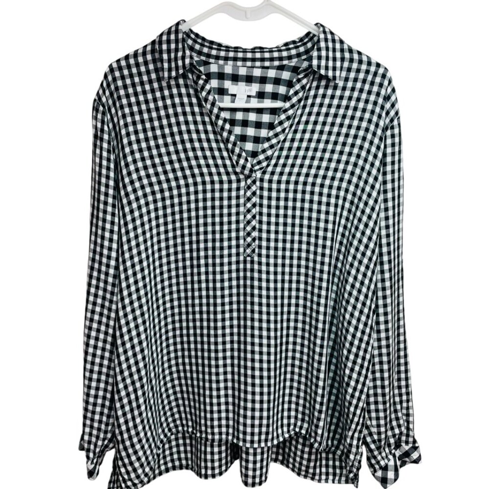 J Jill Checkered Buffalo Plaid Popover Black/White Long Sleeve Blouse Shirt Sz L